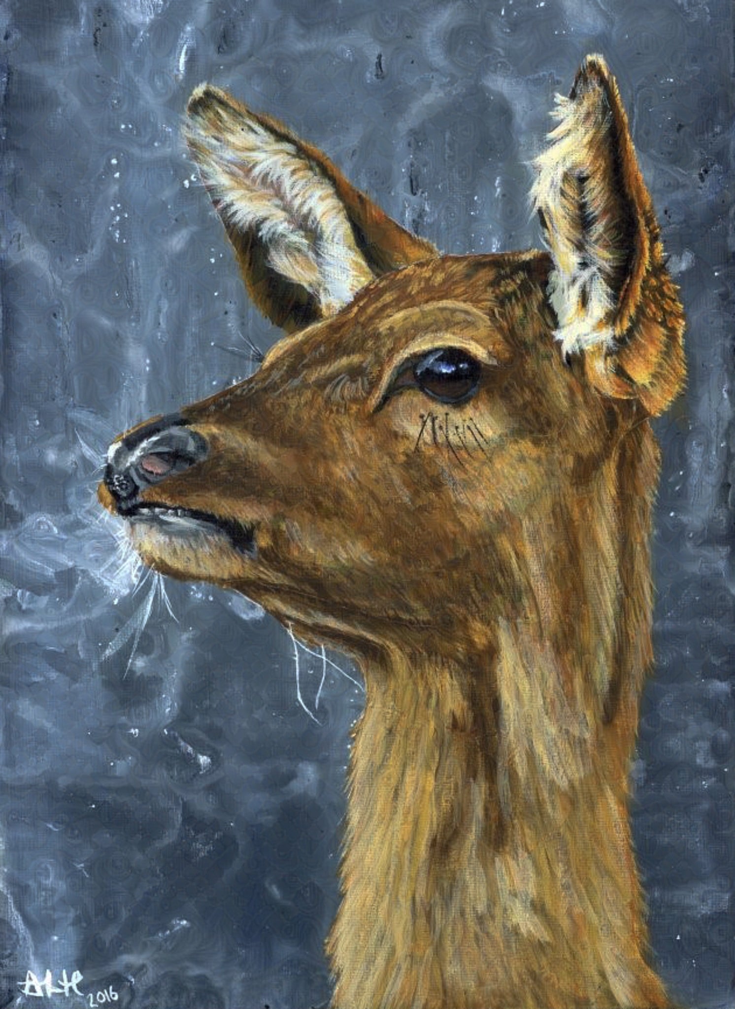 Acrylic wildlife painting titled "Frozen in Time" by Abigail Hemmings, featuring a startled doe with frosty breath captured in a moment of stillness.