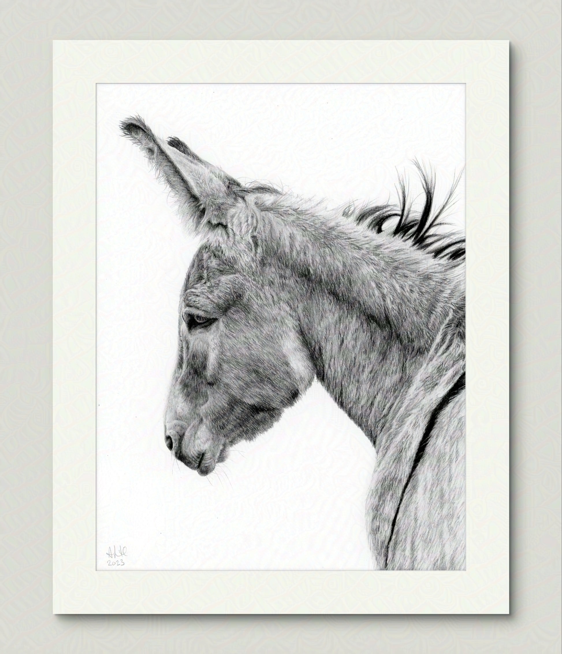 Mockup of the original graphite drawing "The Thoughtful Watcher" by Abigail Hemmings, showing a realistic donkey in profile with soft, expressive detail.